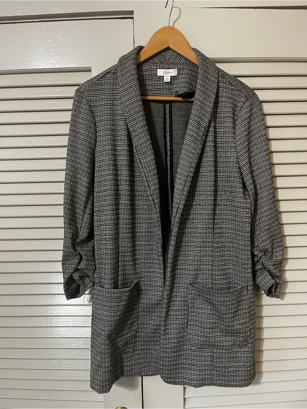 Candie's Gray Plaid Open Shawl Collar Blazer